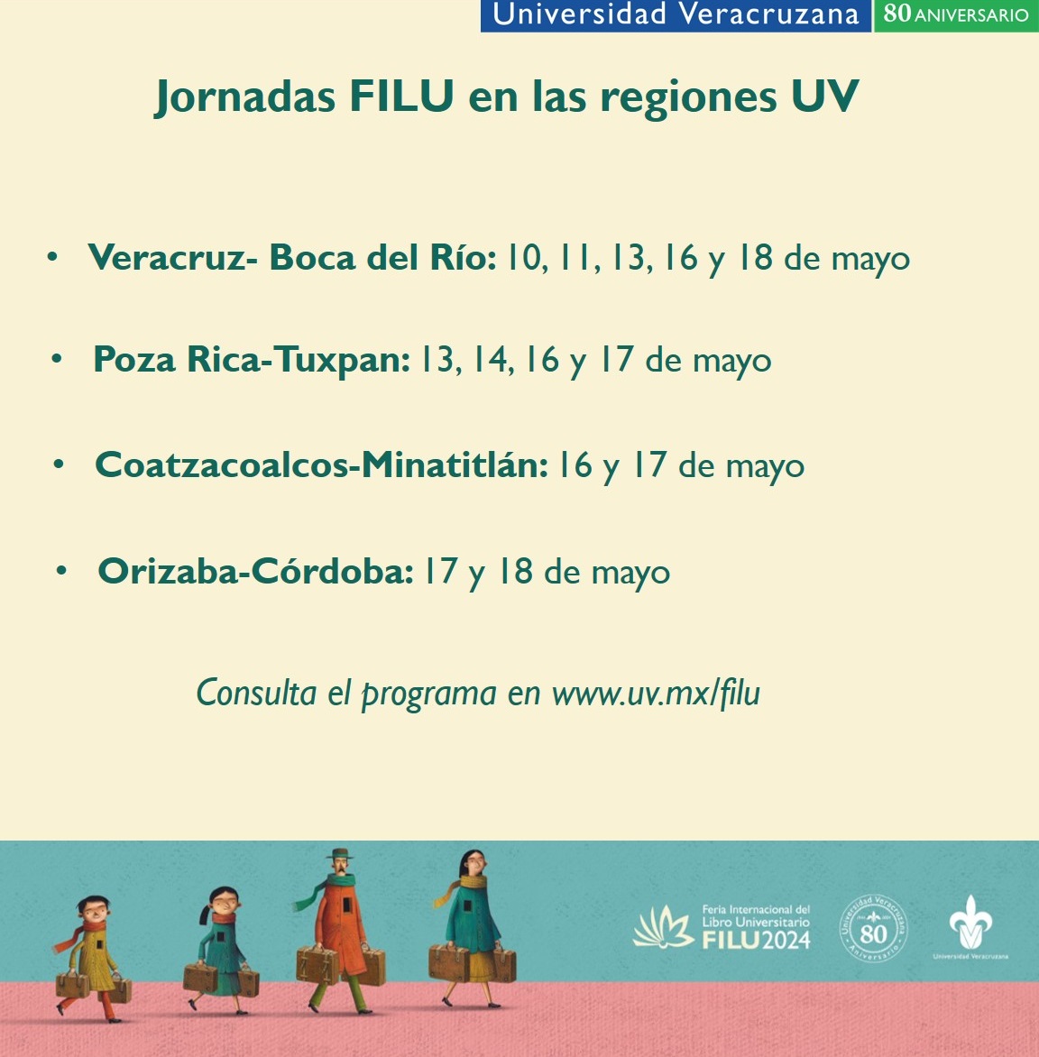 #RegionesUV ¡La celebración de la palabra, el pensamiento, el arte y la cultura llega a todas las regiones UV!📖📚 💻Da clic en bit.ly/FILU2024, consulta el programa de las Jornadas #FILU2024 y disfruta de presentaciones editoriales, artísticas, conversatorios y más.