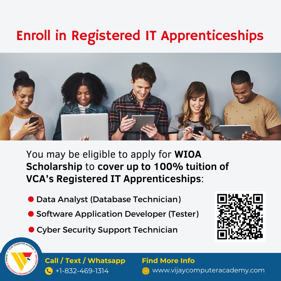 You may be eligible to apply for WIOA Scholarship to cover up to 100% tuition of VCA's Registered IT Apprenticeships Learn more how to apply for #WIOAScholarship at zurl.co/1iqM Enroll in May cohorts now zurl.co/KNL9