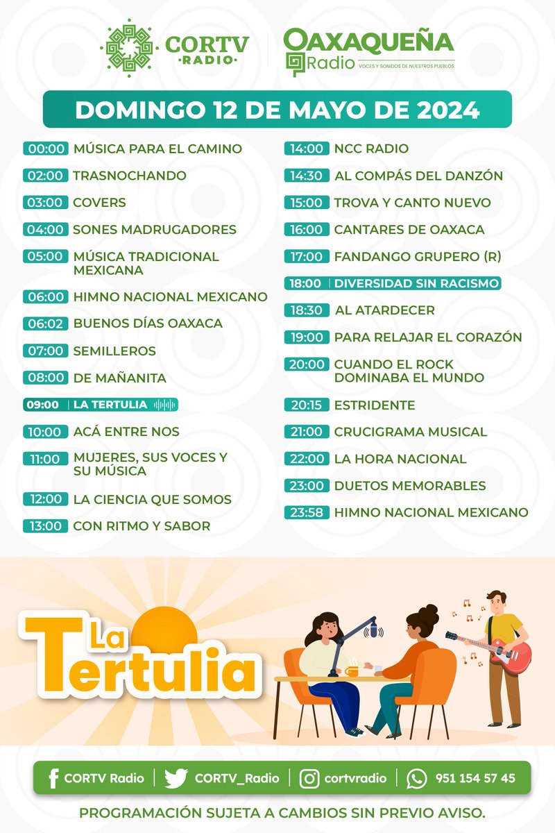 Te compartimos nuestra programación radiofónica de este domingo. 📻 Sintonízanos por #OaxaqueñaRadio y #Global 96.9 oaxaca.gob.mx/cortv/ #Oaxaca @cortv