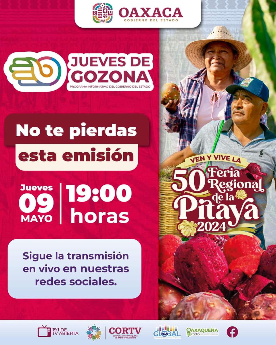 ¡Conoce más detalles de la 50 Feria Regional de la Pitaya 2024, hoy en el #JuevesDeGozona!

Sigue la transmisión a través de las redes sociales oficiales del @GobOax y de la @cortv.
