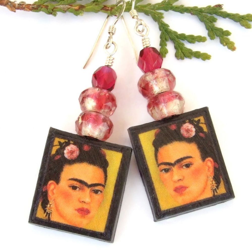 Unique & Lightweight #FridaKahlo #Art #Earrings from a Self Portrait! via @ShadowDogDesign #ShopSmall #Handmade #BohoEarrings #FridaEarrings bit.ly/FridaSD