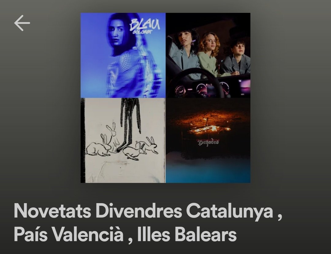 Juan Ángel (@juanangel_jdj30) on Twitter photo Les millors novetats en català d'aquesta setmana, ja a la playlist
open.spotify.com/playlist/2Rqh9…
Cançons de <a href="/Colomet22/">Colomet</a> <a href="/thecrabapples/">The Crab Apples</a> <a href="/WGuineu/">GUINEU</a> <a href="/VITTARA2007/">VITTARA🌫️</a> <a href="/LlucPlanass/">lluc</a> <a href="/vedequinto/">quinto</a> <a href="/socesther/">ESTHER</a> <a href="/arcdetriomf/">Arc De Triomf 🌴</a> <a href="/Bonitx_/">Bonitx</a> <a href="/danperalbo14/">Dan Peralbo</a> #irisdeco <a href="/classe__b/">CLASSE B</a> <a href="/Peldegall/">Pel de gall</a> <a href="/tomeu_jf/">Tomeu Juan Fuster</a> ... Les millors novetats en català d'aquesta setmana, ja a la playlist
open.spotify.com/playlist/2Rqh9…
Cançons de <a href="/Colomet22/">Colomet</a> <a href="/thecrabapples/">The Crab Apples</a> <a href="/WGuineu/">GUINEU</a> <a href="/VITTARA2007/">VITTARA🌫️</a> <a href="/LlucPlanass/">lluc</a> <a href="/vedequinto/">quinto</a> <a href="/socesther/">ESTHER</a> <a href="/arcdetriomf/">Arc De Triomf 🌴</a> <a href="/Bonitx_/">Bonitx</a> <a href="/danperalbo14/">Dan Peralbo</a> #irisdeco <a href="/classe__b/">CLASSE B</a> <a href="/Peldegall/">Pel de gall</a> <a href="/tomeu_jf/">Tomeu Juan Fuster</a> ...