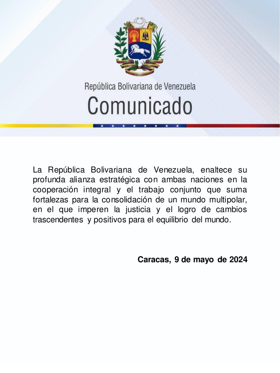 Comunicado de la República Bolivariana de Venezuela a la Federación Rusa y de la República de Belarús a propósito, de celebrarse el 79° Aniversario del Día de la Victoria en la Gran Guerra. Extendiendo nuestras felicitaciones a sus pueblos y gobiernos. #NicoEsUnDuro