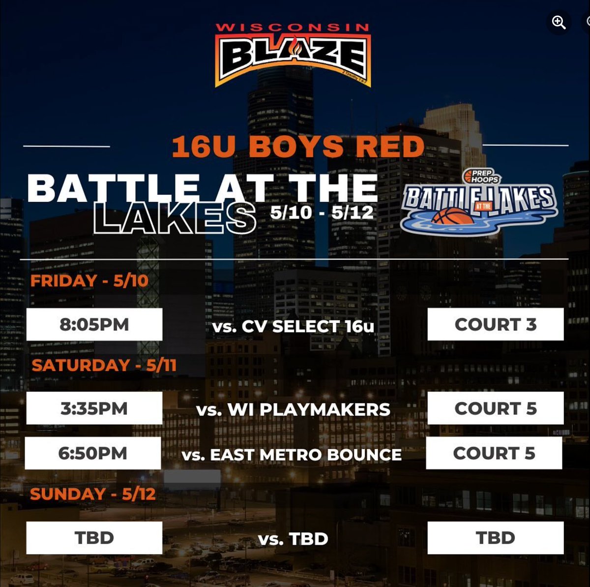 Here is a look at our 16U-17U boys teams' schedules for the Battle at the Lakes tourney this weekend! #wisconsinblaze #betheflame🔥🏀