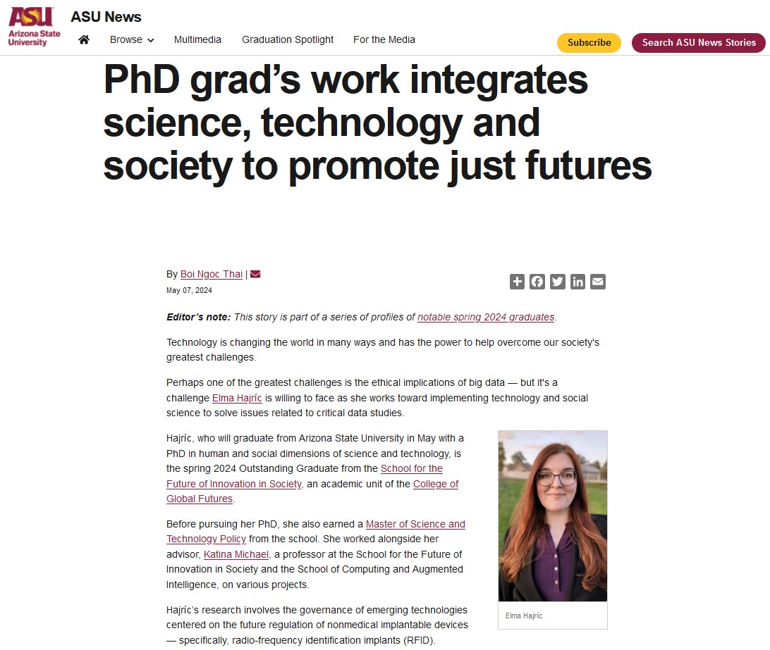 NRT ASU Smart Cities & Smart Living (@nrtasu) on Twitter photo Congrats to #NSFNRT #trainee Dr. Elma Hajric, named #Spring2024 #Outstanding #Graduate for <a href="/ASU_SFIS/">ASU School for the Future of Innovation in Society</a>! Dr. Hajric was also profiled in an #ASUNews article which shared some insights into her #journey, #research & #hopes for more #inclusive & #just #futures.
news.asu.edu/20240508-sun-d… Congrats to #NSFNRT #trainee Dr. Elma Hajric, named #Spring2024 #Outstanding #Graduate for <a href="/ASU_SFIS/">ASU School for the Future of Innovation in Society</a>! Dr. Hajric was also profiled in an #ASUNews article which shared some insights into her #journey, #research & #hopes for more #inclusive & #just #futures.
news.asu.edu/20240508-sun-d…