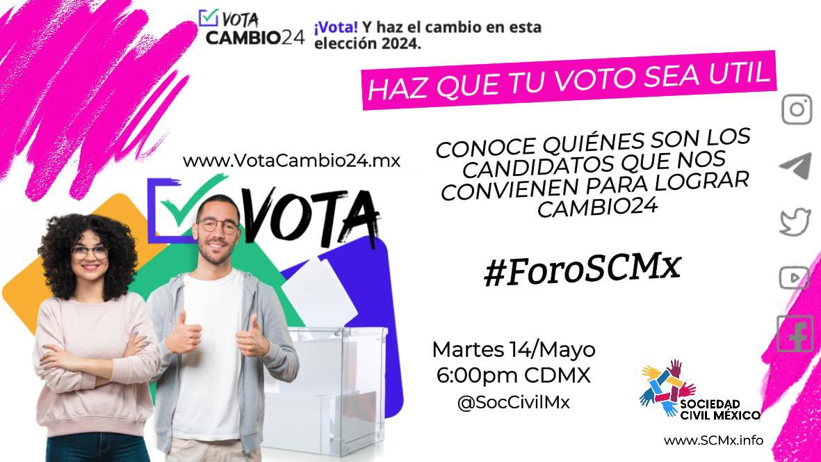 #SaveTheDateSCMx 🎙️: “VotaCambio24.mx - Haz que tu voto sea útil.” Charla con los creadores de la plataforma: VotaCambio24.mx Acceso: x.com/i/spaces/1dxxy… Martes 14 de Mayo/6pm CDMX #ForoSCMx cc @analucia_medina Por favor compártelo, gracias.