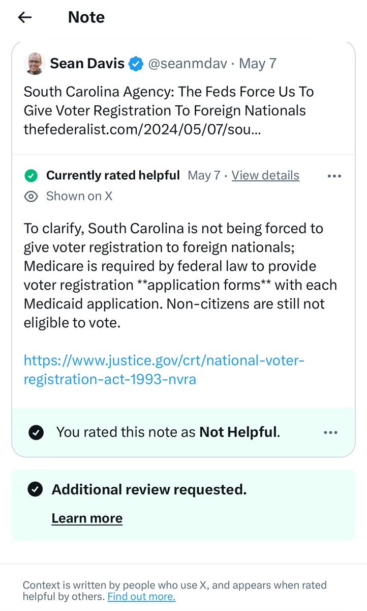 Look at this illiterate Community Note attempt to reduce traffic to our @FDRLST article on South Carolina being forced by the federal government to give voter registration forms to illegals. They allege it’s false by saying the federal government doesn’t FORCE states to hand out…