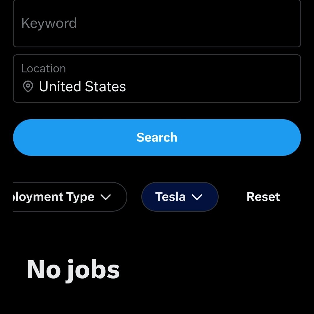 .@elonmusk I think X Jobs are broken, I can't see any Tesla job openings there