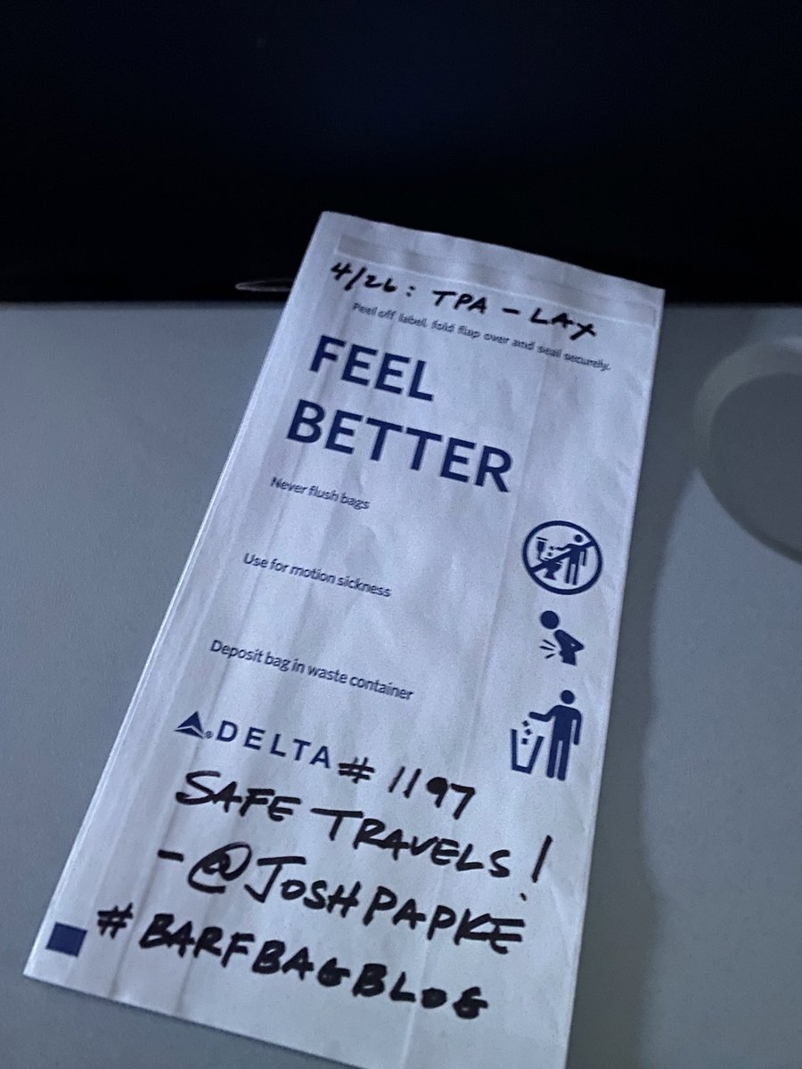 joshpapke's tweet image. Back by &quot;popular&quot; demand:
#BarfBagBlog

@Delta | #DeltaProud:
@FlyTPA🦩🔁 @flyLAXairport 🎬

@SunChips
@JackDaniels_US | @DietCoke