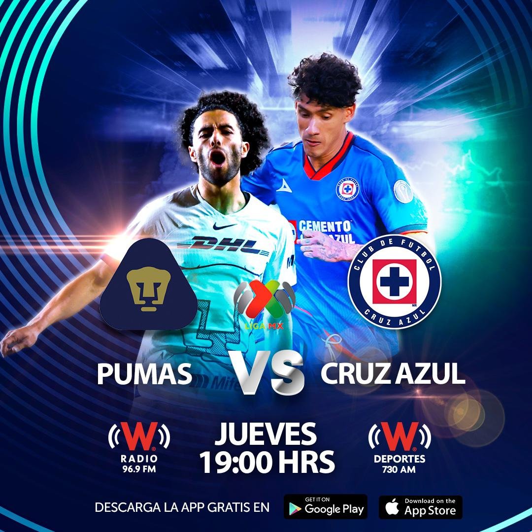 ¡Enfrentamiento 🔥🔥🔥 noche de Liga MX! #CuartosDeFinal #Liguilla2024 #Clausura2024 Pumas 🆚 Cruz Azul ⏰ 19:00 HRS •Por el 96.9 FM y 730 AM 📻 •Conéctate #EnVivo bit.ly/WRadioAlAire •O en nuestra app bit.ly/3ZGWEnW