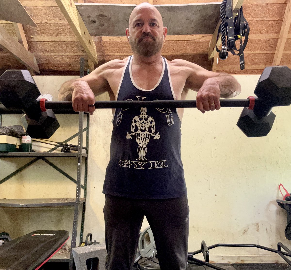 Got in a good after-work shoulder session in the woodshed. Feeling a little weighed down with all the medical stuff, but faith & fitness are helping me to keep my balance. #oldmanfitness #cancersurvivor