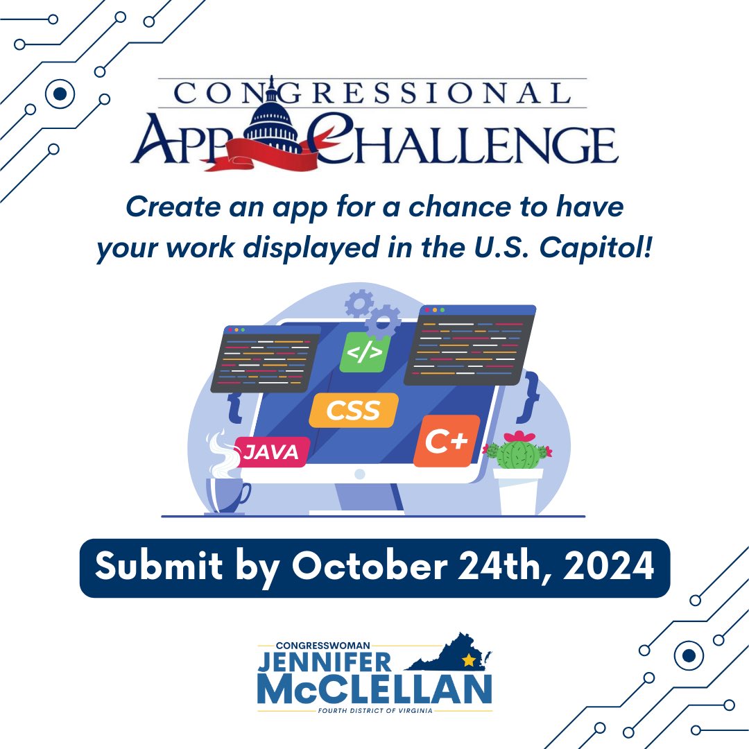 Registration for the @CongressionalAC is now open! Students from Virginia’s Fourth can participate and create their own original application.

Learn more and register for this year’s challenge here: congressionalappchallenge.us/students/stude…