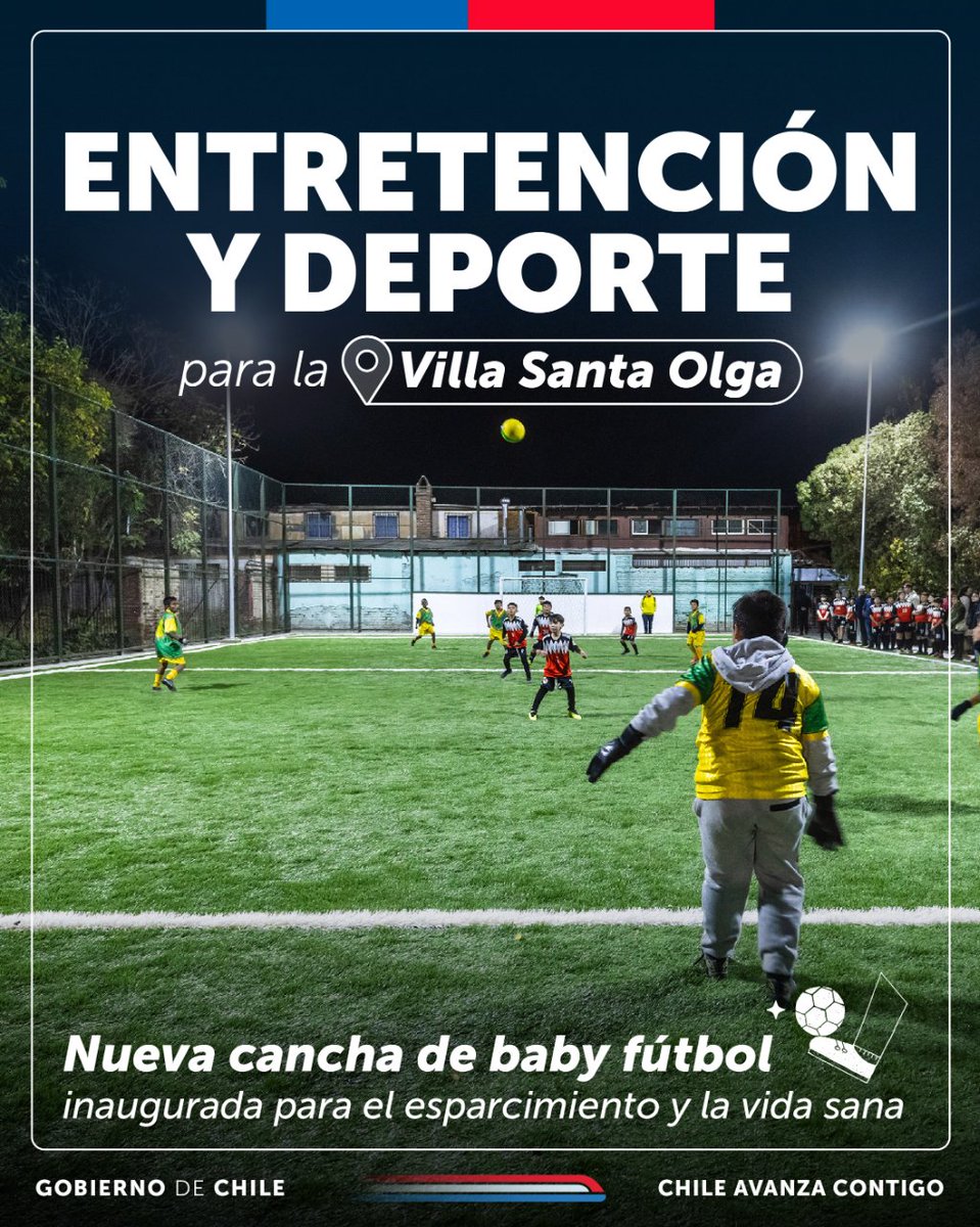 La recuperación de espacios públicos también incluye espacios para la reunión y el esparcimiento 🤩  Las niñas y niños de la Villa Santa Olga en la comuna de Lo Espejo ahora podrán jugar y desarrollar actividad física en un entorno iluminado, amigable y seguro 🥅⚽️✨