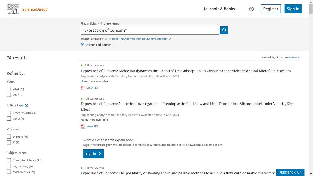 72 Expressions of Concern from the editors of 'Engineering Analysis with Boundary Elements'! sciencedirect.com/search?qs=%22E… All for a single thoroughly-corrupted Special Issue, edited by Arash Karimipour. sciencedirect.com/journal/engine….