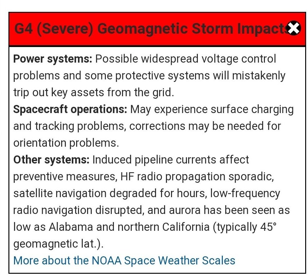 ❗⚠️  G4 ⚠️ ALERT ❗
A severe (G4) #geomagnetic storm was observed. #WARNING: Geomagnetic K-index of 8 or greater expected
#Geomagneticstorm #solarstorm #aurora #radio #GPS #aviators #latestnews #breaking #sun #flare #CME #coronal #güneş