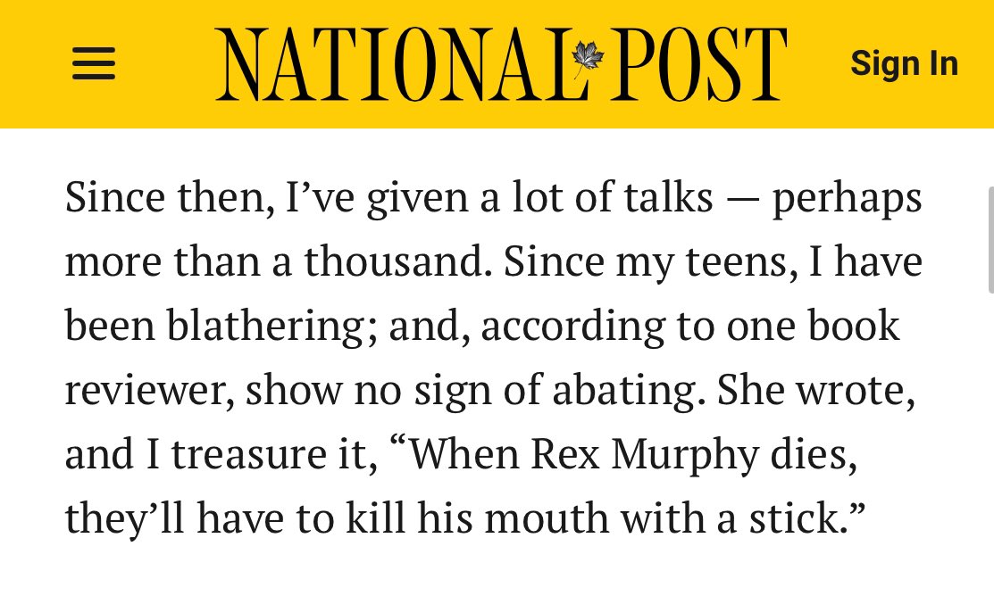 Ten years ago, Rex Murphy wrote this column in response to a story I wrote. This line will haunt me tonight: “When Rex Murphy dies, they’ll have to kill his mouth with a stick.” nationalpost.com/opinion/rex-mu…