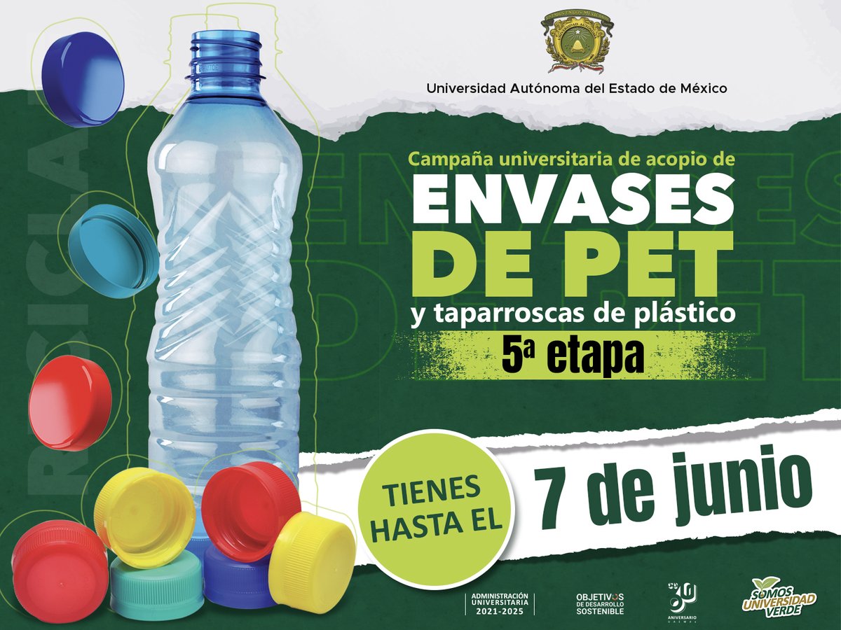 Nuestra Universidad está comprometida con la educación ambiental y la cultura del reciclaje.

Les invito a participar en la 5ta. etapa de la Campaña Universitaria de acopio de envases de PET y taparroscas de plástico.
#SomosUniversidadVerde

 #SomosUAEMéx💚💛