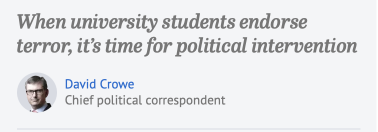 Crowe manages to write a critical piece on the university encampments without mentioning what the students are protesting against: not an easy contortion of reality but he did it!