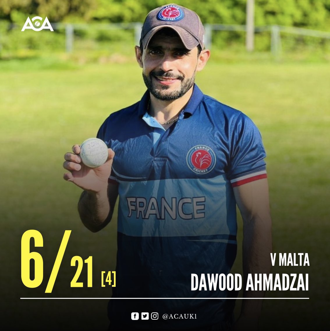 During the thrilling MdinaCup match against Malta, our very own @DawoodAhmadzai_, the France national team player of Afghan origin, displayed his remarkable skills and took an impressive tally of 6 wickets for the France team. He was awarded PoTM. Congratulations, Dawood Jana! 👏🏻