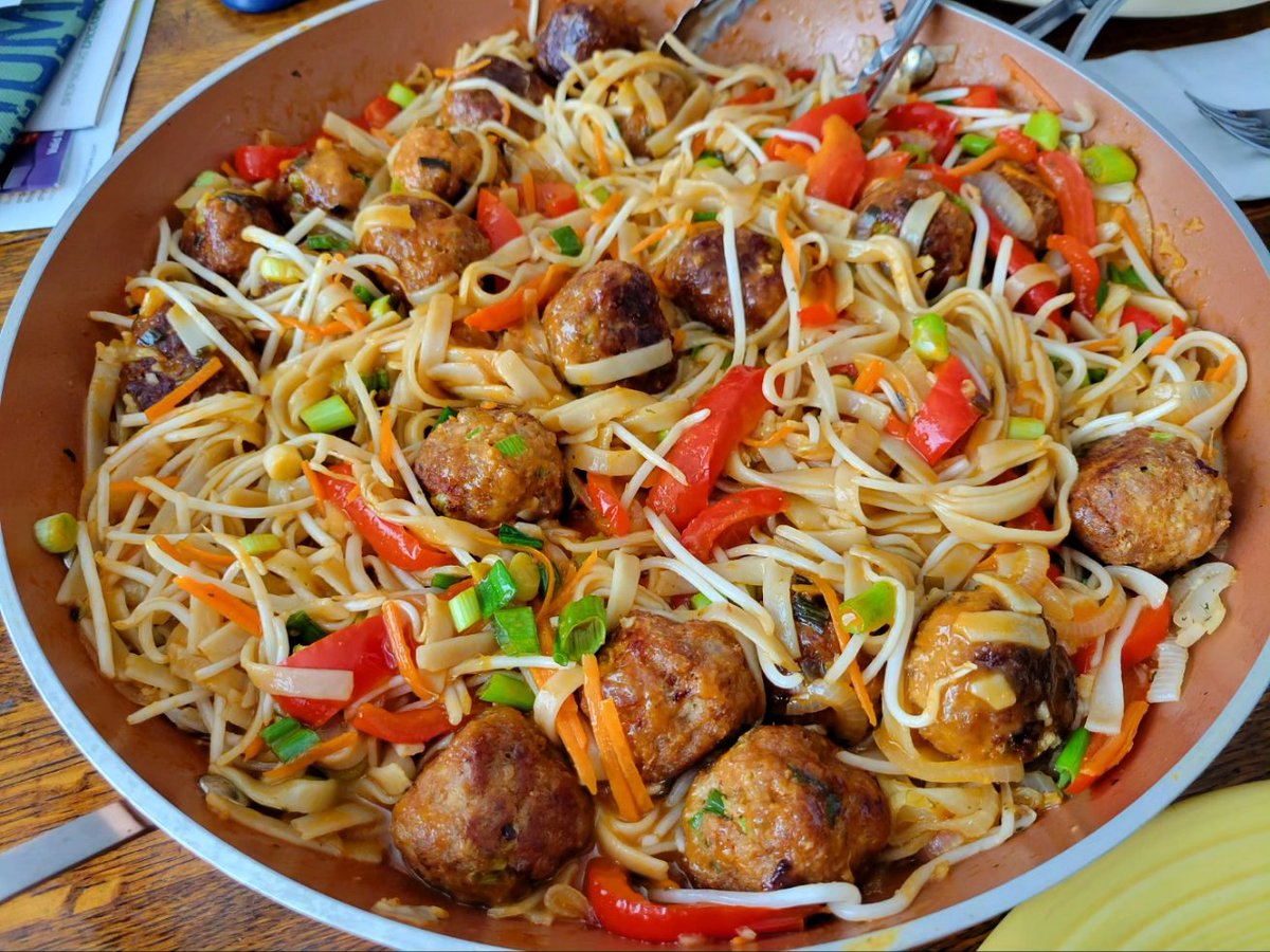 Pad Thai with Pork Meatballs filled with peanut butter, spices and herbs because my Dad wanted me to use the ground pork. They turned out good with the noodles. #homemade #noodles