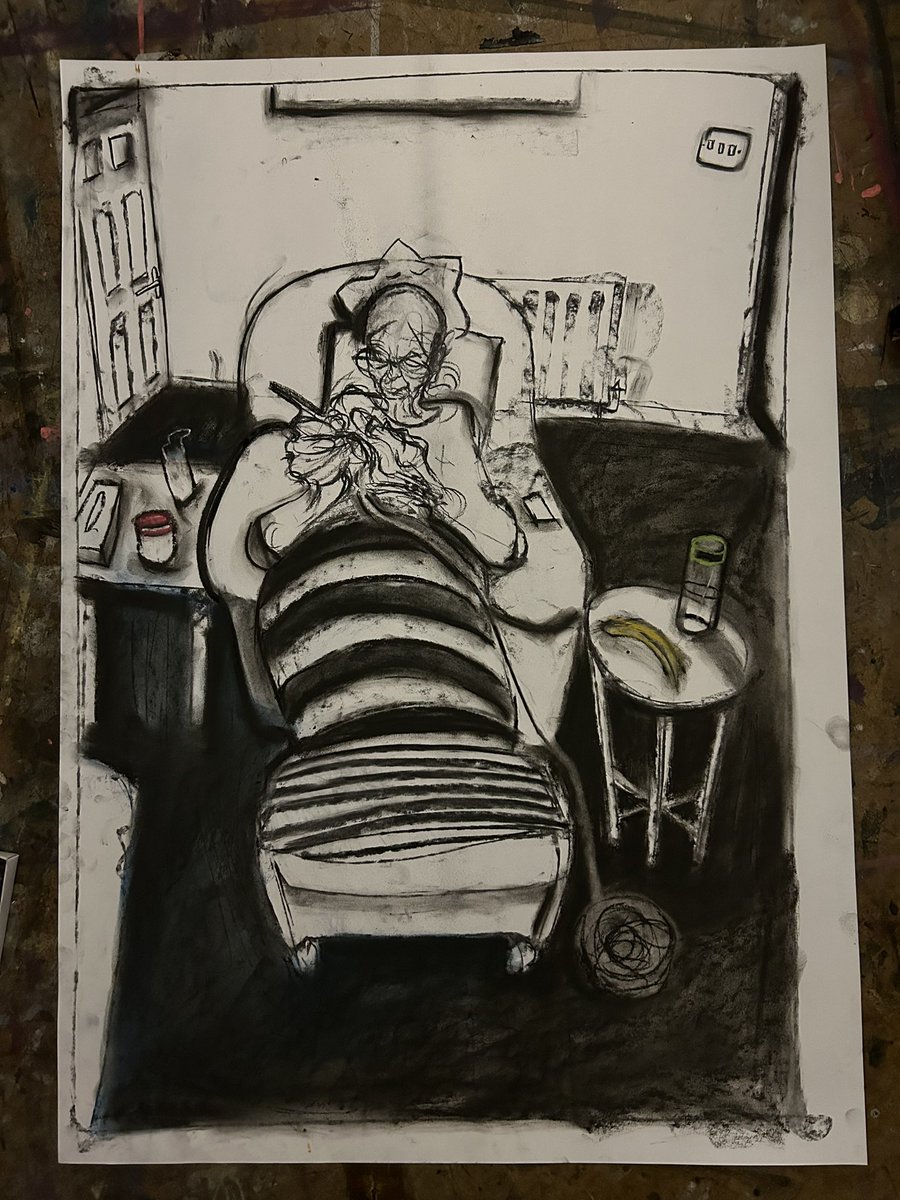 09-05-24 84 x 59cm #drawing #charcoal #crochet #blanket #thelivingroom