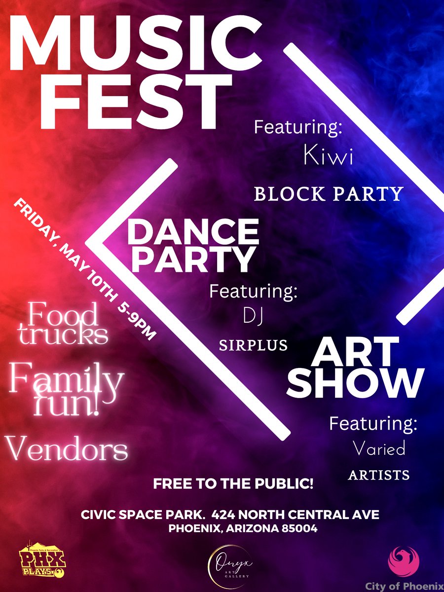 This Friday, May 10th, prepare for a day filled with music and art at our Music Fest! Enjoy food truck bites, unique vendors, and a family-friendly atmosphere. It's FREE! 🎉🎵🎨🍴 #phxparks 📍 Civic Space Park, 424 N Central Ave, Phoenix Arizona 85004 🗓️ May 10th, 5pm - 9pm
