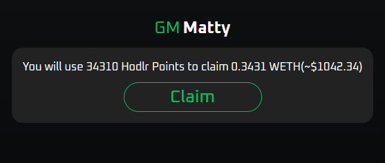 I claimed 0.3431 WETH ($1041.99) with my Hodlr points on <a href="/hodlrxyz/">Hodlr</a>
Join Hodlr  hodlr.xyz #IAmHodlr