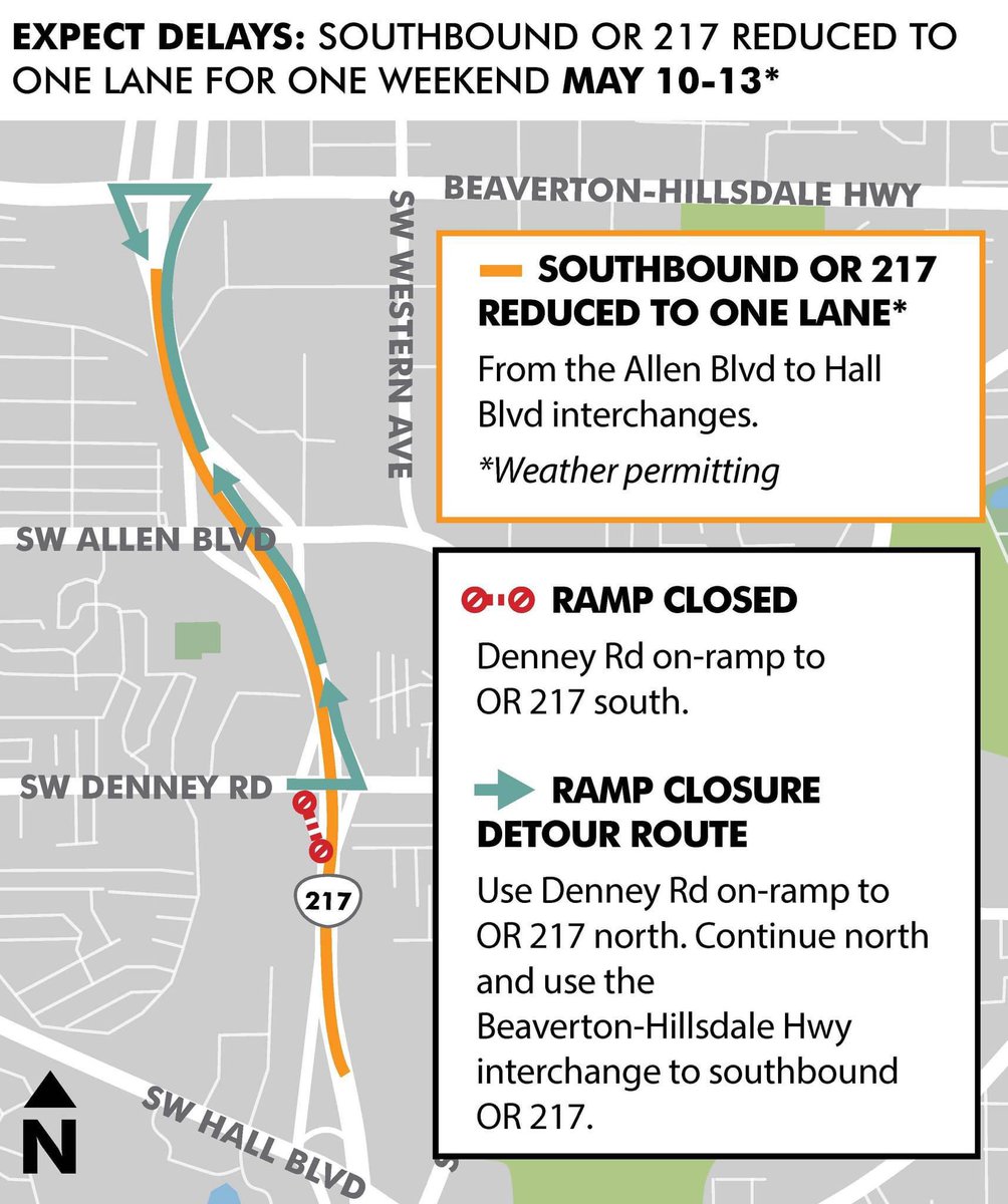 🚧 #Tigard Traffic Alert: OR 217 South will be down to one lane from Allen Blvd to Hall Blvd starting 9 PM Fri, May 10 to 5 AM Mon, May 13. Expect delays and plan extra travel time. @OregonDOT More info: hwy217.org 🚧 #Tigard