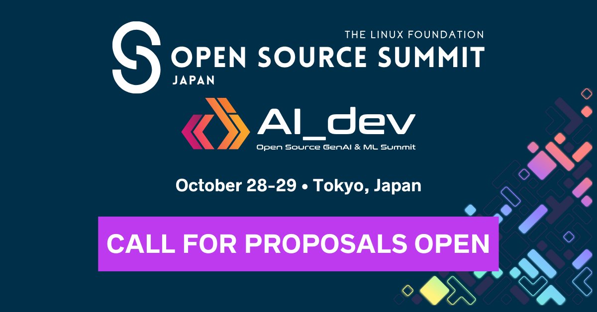 📣 The #AIDev Japan #CallForProposals is OPEN! 📣 Submit to speak on topics such as foundations, frameworks & tools for #ML, #GenAI & creative computing, edge & distributed #AI, & MORE! See all topics & submit by July 7: hubs.la/Q02wzsXz0.