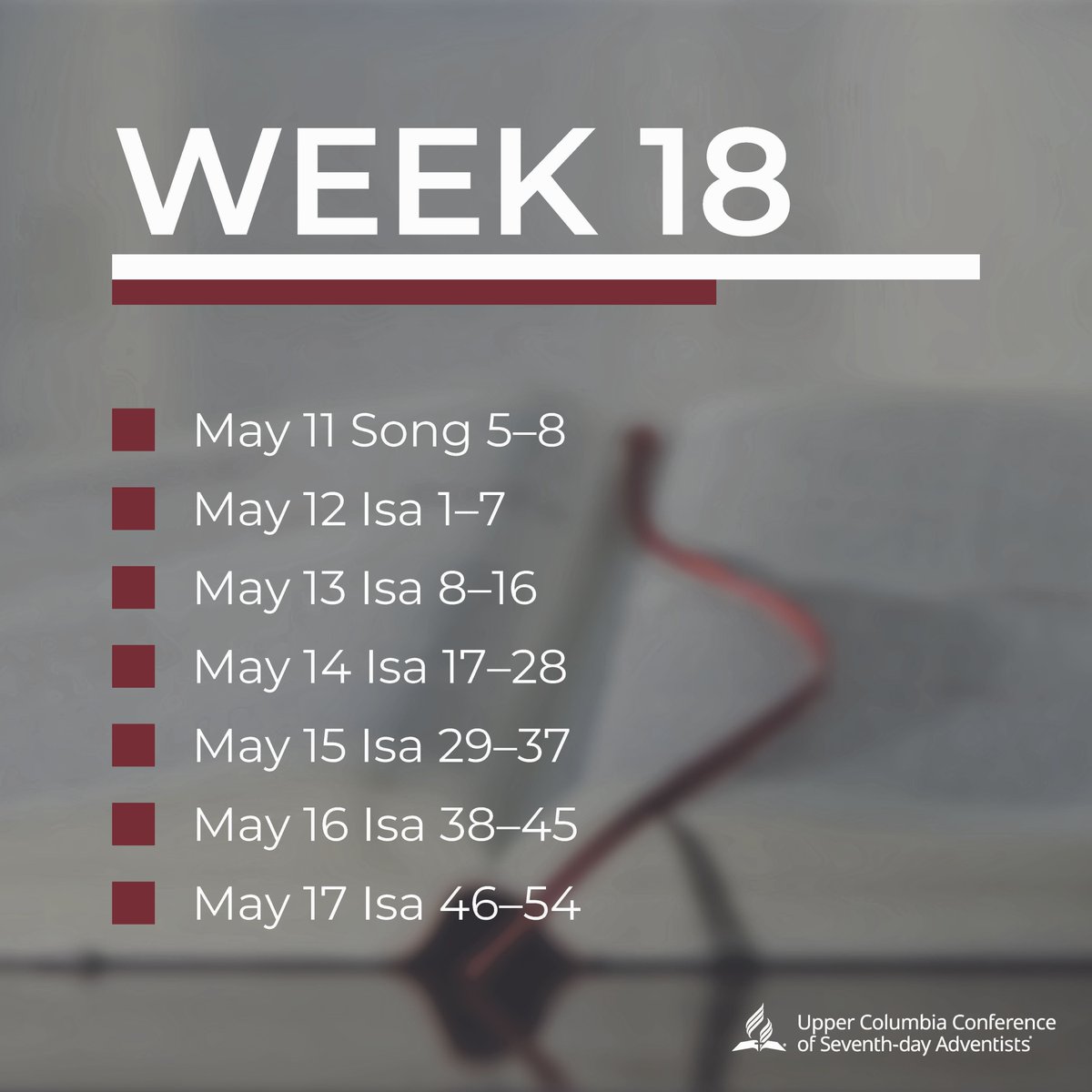 UCCtweet's tweet photo. Week 18 – Join UCC In the Word, a journey through the 66 books of the Bible. For more information visit https://t.co/Pxi4F3NLw7. #uccsda #UCCInTheWord #BibleReading #Bible https://t.co/qKEbgdQwPR
