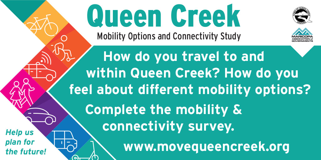 TownofQC's tweet photo. The Maricopa Association of Governments is conducting a study in partnership with the Town of Queen Creek to better understand what residents of the Town think about different mobility options.

Complete the Community Survey at https://t.co/vSPZzBKShi today! https://t.co/deniZrbUDQ