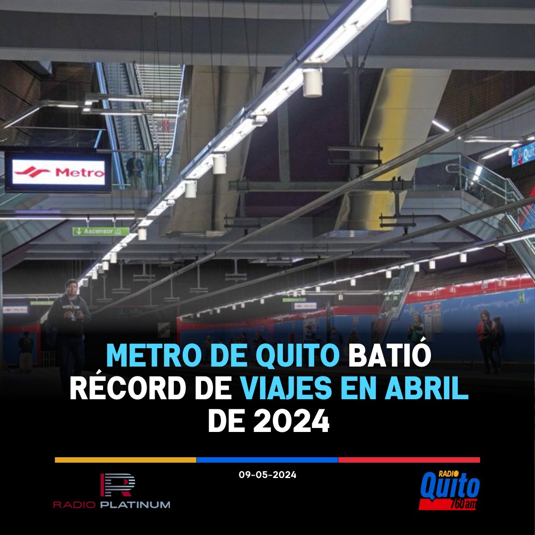 El Metro de Quito realizó más de 20 millones de viajes en cinco primeros meses de funcionamiento. Durante abril 2024 se realizaron más viajes (4,26 millones) que el mes anterior (4,21), convirtiendo ese mes en el de mayor afluencia del año, un promedio de 142 mil viajes diarios.