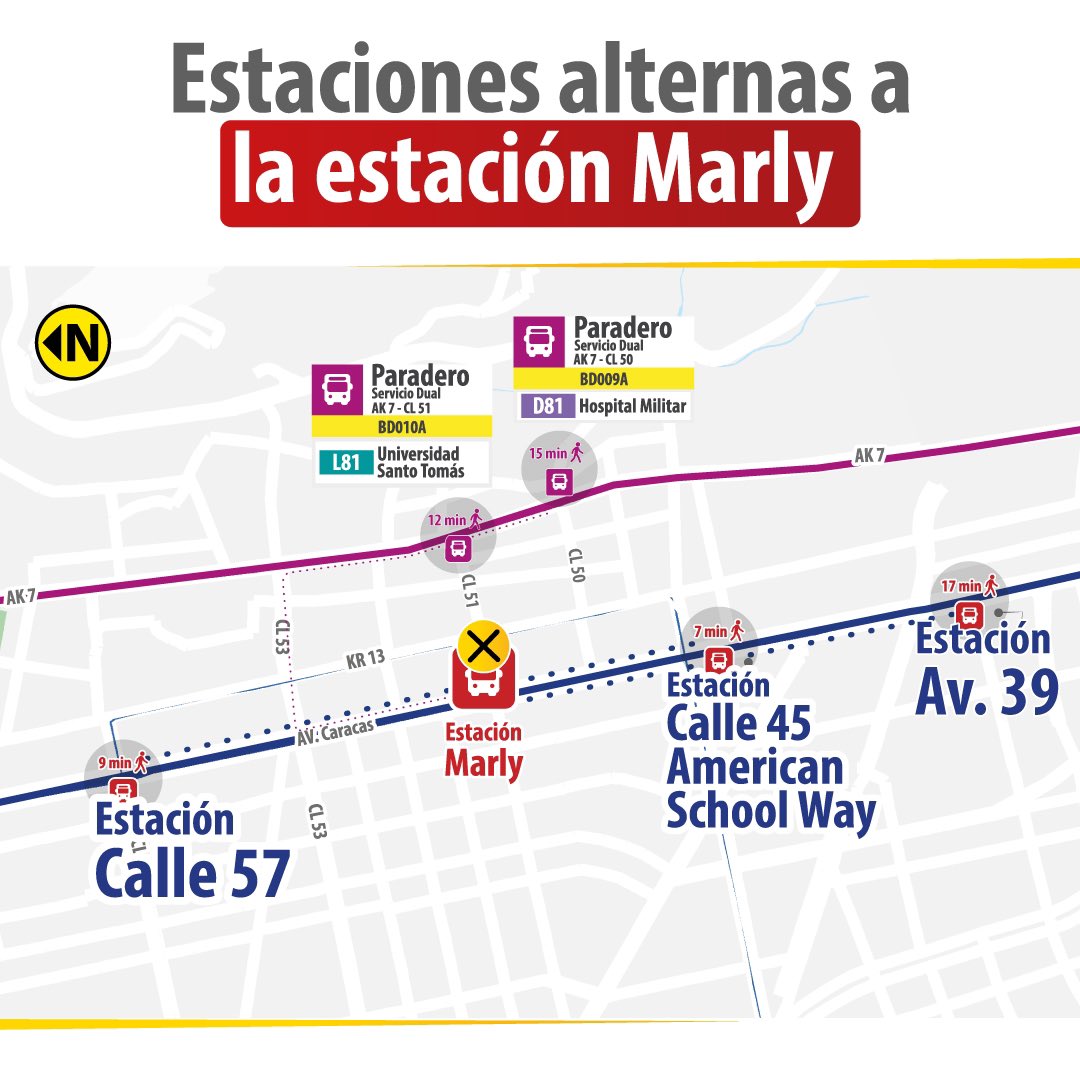 El próximo sábado 25 de mayo la estación Marly cerrará por obras del @MetroBogota, ten presente las opciones para llegar a las estaciones y paraderos más cercanos. Para más información ingresa en: bit.ly/3JcprdB #ElMetroAvanza