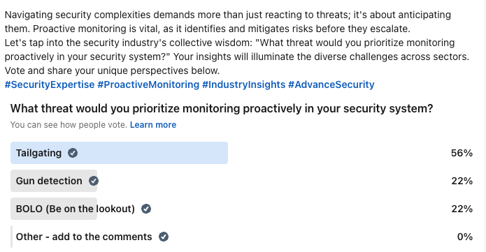 Just_CobaltAI's tweet photo. The votes are in for 'What threat would you prioritize monitoring proactively in your security system?' Tailgating is what security personnel want to monitor proactively! If that is your goal, check out how Cobalt Omni can help: https://t.co/OS2iX6HuWj https://t.co/83z4pKmyT9