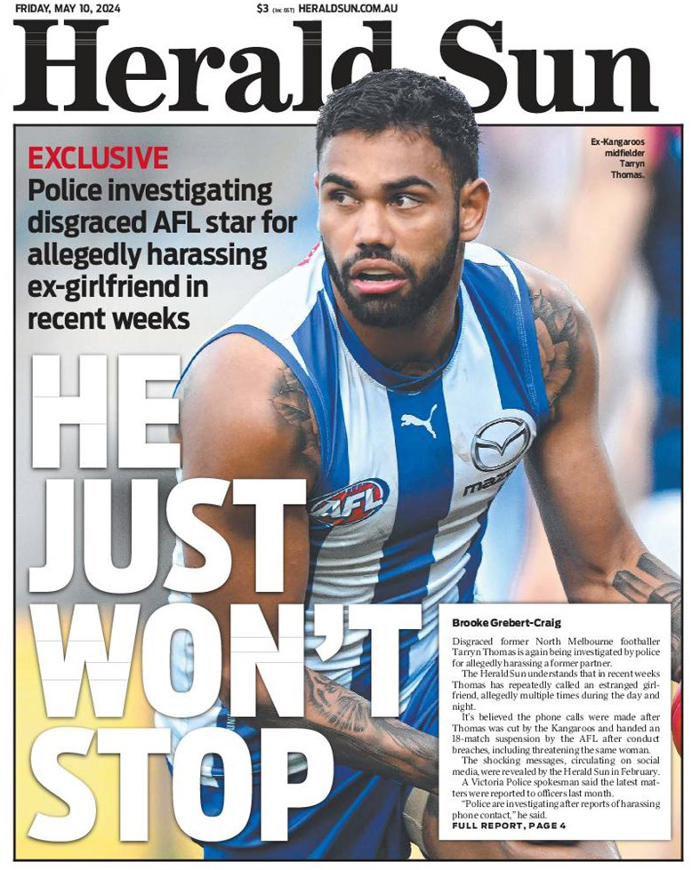 Q: how do you get men's violence against women onto the front page of Melbourne's Herald Sun? 

A: find a perp who is a man of colour, ideally an AFL star, making absolutely no mention of #MVAW as a society-wide issue. ⬇️
#NewsCorpse