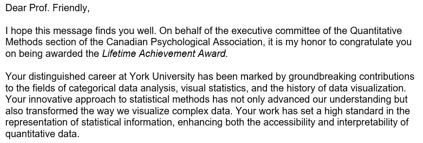 datavisFriendly's tweet photo. 🎉🎉So thrilled, delighted and humbled to be given the first Lifetime Achievement Award by the Quantitative Methods section of Canadian Psychological Association.
And, that was just before my birthday!🎂 https://t.co/praGODvlUQ