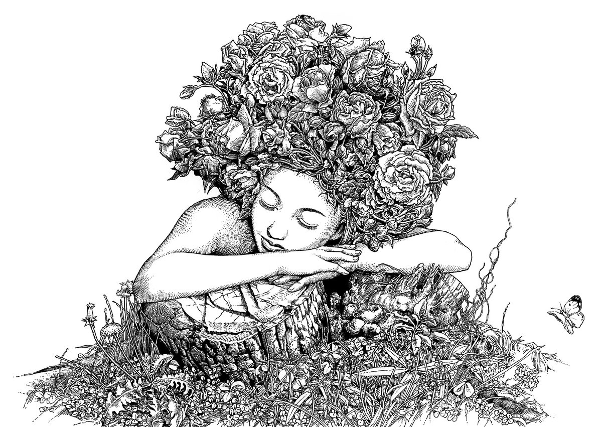 【絵】Flower Head Woman is Dozing
2020.6　297×210mm
製図ペン ケント紙

春、僕が公園の古い木の洞をスケッチしながらウトウトしていると、花の妖精が微睡んでいる夢を見た。

#illustration
#イラスト
x.com/nozondermanga/…