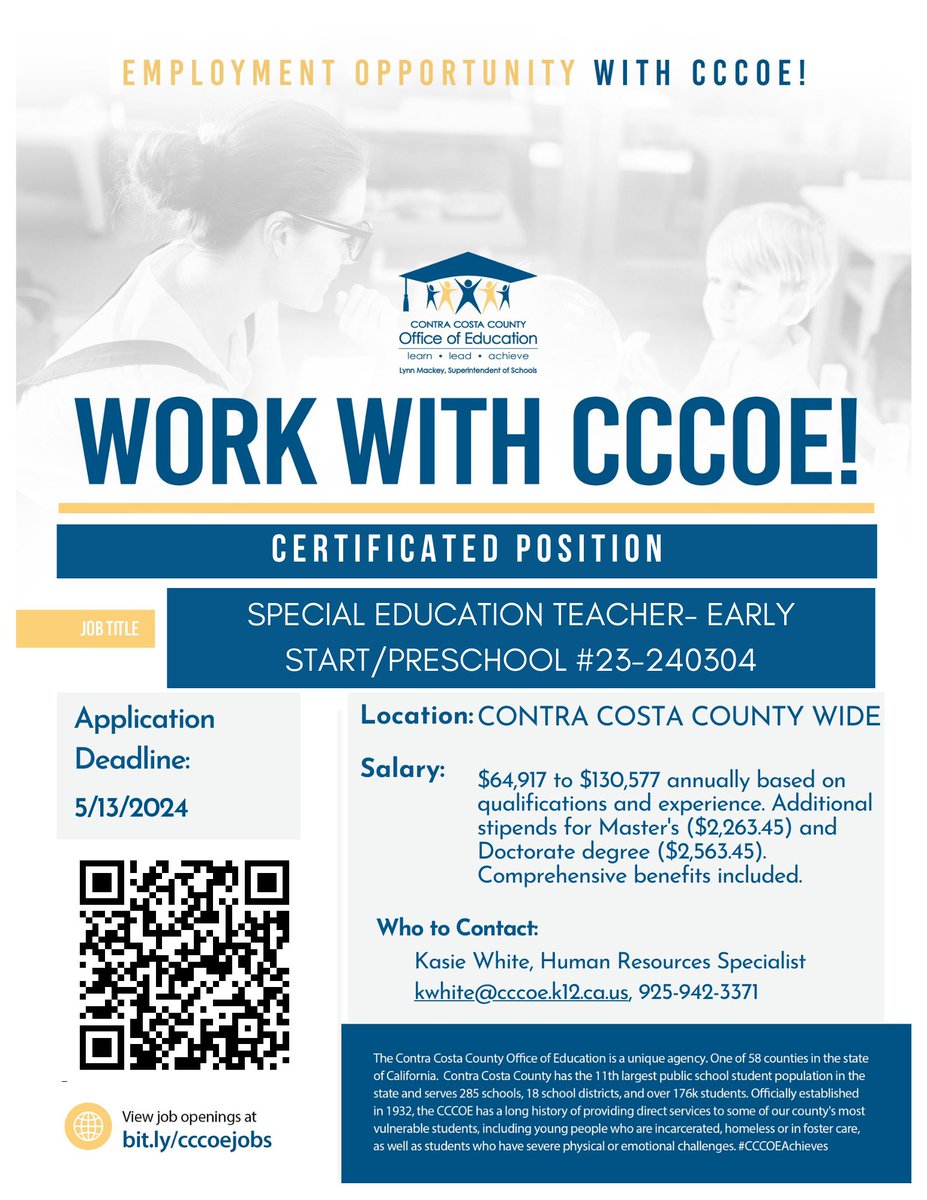 🌟 CCCOE is on the lookout for a Teacher specializing in Early Start/Preschool Special Education. 📢More Details: edjoin.org/Home/JobPostin… 💥Salary: Between $64,917 and $130,577 per year 📝Deadline: May 13th