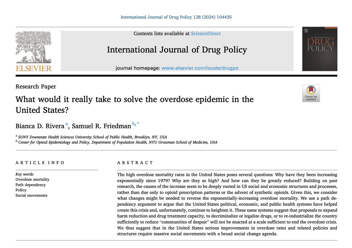 'What would it really take to solve the overdose epidemic in the United States?' by Bianca D Rivera & Samuel R Friedman (2024) via @ijdrugpolicy...what do you think it would take to reduce the overdose crisis in the United States? 

Link: sciencedirect.com/science/articl…

#DrugPolicy
