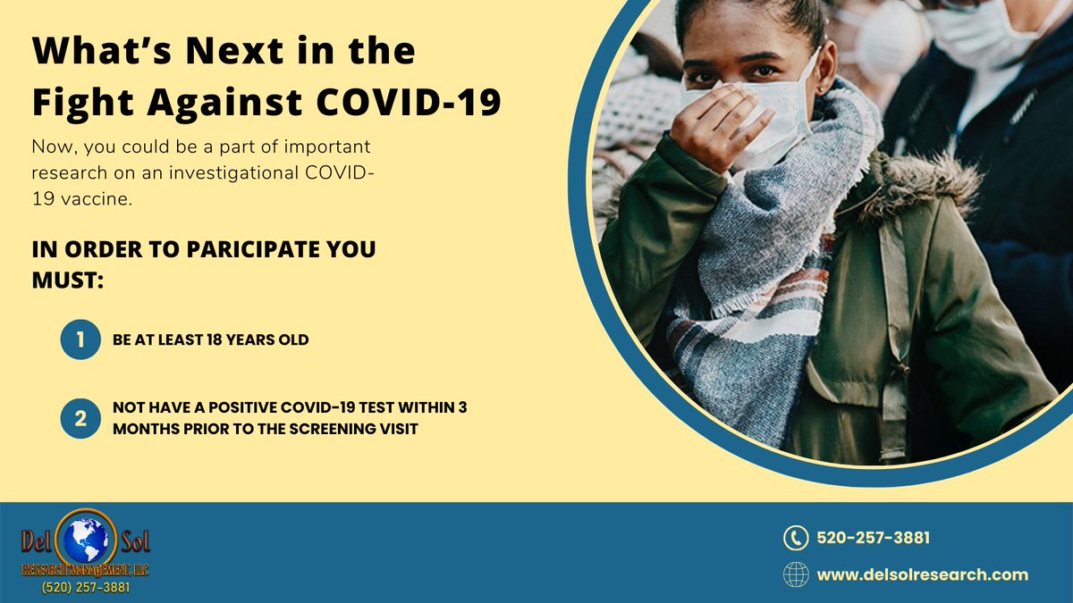 What’s Next in the Fight Against COVID-19? Be part of COVID research! Must be 18+, COVID-negative in past 3 months. Call 520-257-3881 or click the link below to learn more: delsolresearch.com/studies/#!/stu… @DelSolResearch #COVID #tucson #ad