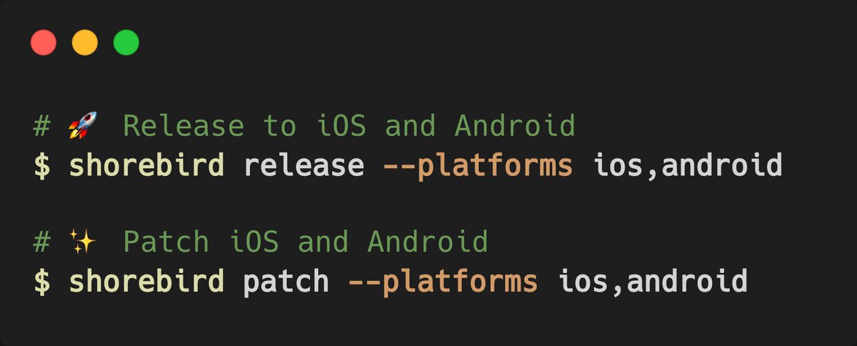 felangelov's tweet image. You can now publish releases and patches to multiple platforms in Shorebird CLI v1.1.0 🥳↓
These changes are backward compatible so the previous syntax will continue to work as well 🎉