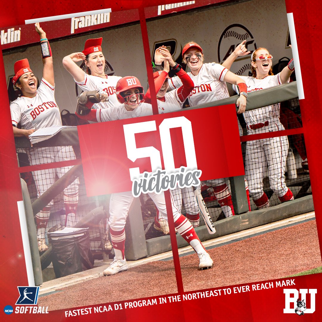What an incredible accomplishment this morning with still more to do. First @NCAASoftball D1 program in 2024 and fastest D1 squad ever located in the Northeast to reach 5️⃣0️⃣ victories‼️ #GoBU #DawgsEat #NCAASoftball #NobodyButUs 🐾👊🥎🔥💪 📸 @eliza_nuestro