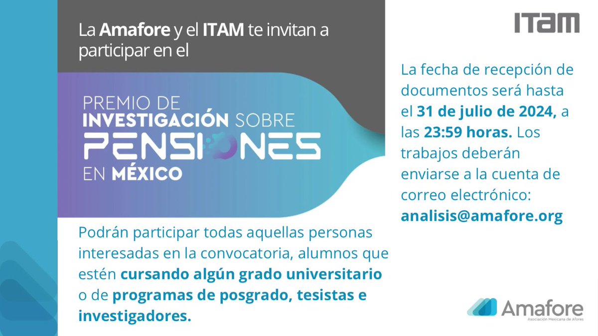 ✍️ ¡No dejes pasar esta oportunidad! Contribuye con tu investigación al debate sobre las pensiones en México. Premios de hasta $300,000 MN. #InvestigaciónPensionesMX Consulta las bases en: cutt.ly/4w04nwP5