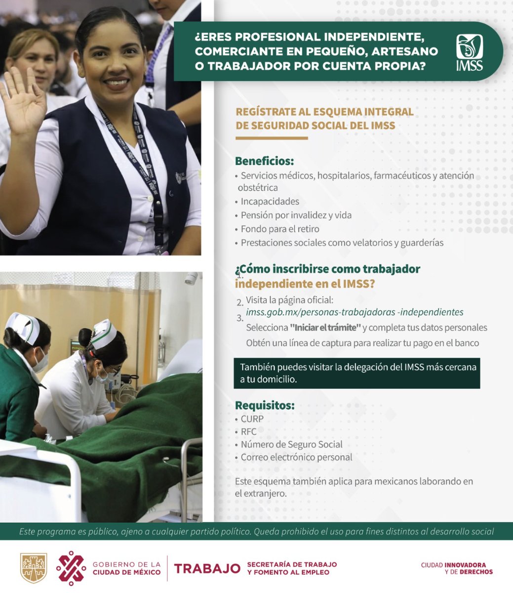 Si eres profesional independiente, comerciante en pequeño, artesano o trabajador por cuenta propia, regístrate al esquema integral de seguridad social del IMSS.  #TrabajoEnLaCiudad @TrabajoCDMX