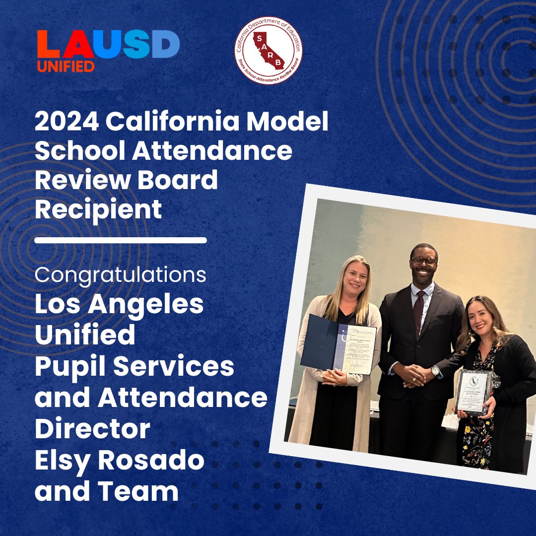 Congratulations @LAUSD_PSA and School Attendance Review Board (SARB) Chairs for receiving the distinguished California Model SARB award! Your dedication to implementing a multi-tiered approach to improving and removing the barriers to school attendance is commendable. #ModelSARB