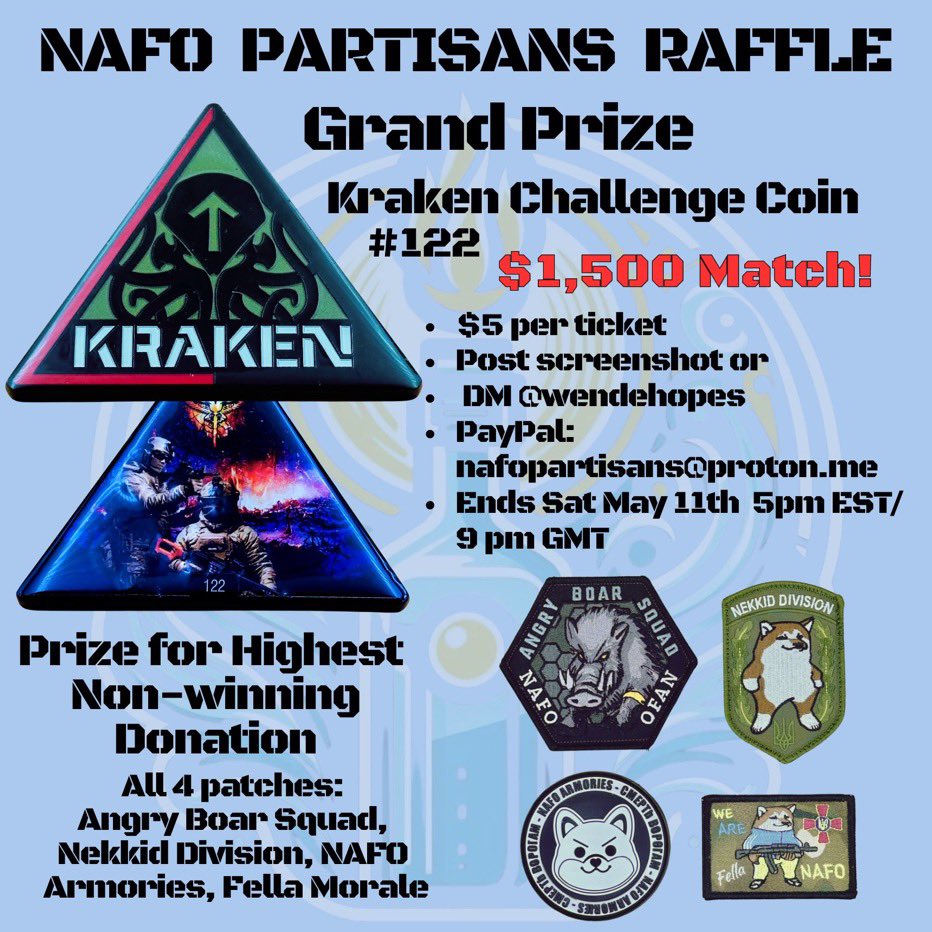 🛎️ 2 days left to enter the @NAFOPartisans raffle $147.79 STILL left of the match. That’s about 30 FREE 🎟️s ⏰ Ends: May 11th 5 pm EST/ 9 pm GMT Info below ⬇️ @toastrurnkey