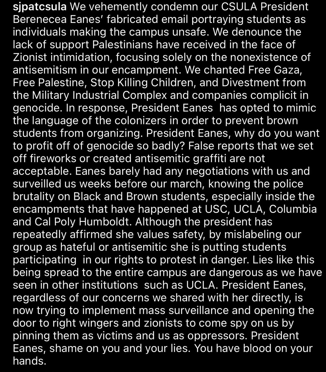 Here's CSULA Palestine Solidarity Encampment's response to the bullshit rumors spread by President Berenecea and later republished by LAT: We vehemently condemn our CSULA President Berenecea Eanes’ fabricated email portraying students as individuals making the campus unsafe.