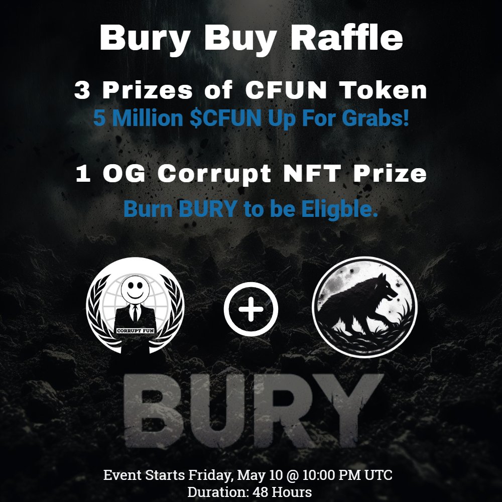 Bury Buy Raffle - Starting Soon!

Sponsored by our friends over at <a href="/CorruptFun/">Corrupt</a> 
5 Million $CFUN &amp; 1 OG #NFT up for grabs.

3 random winners will split the 5 million CFUN prize pool.

1 lucky $BURY burner will take home the NFT! 

Read next thread for more details.