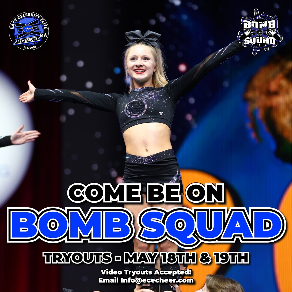 COME BE ON 𝘽𝙊𝙈𝘽 𝙎𝙌𝙐𝘼𝘿 💣💪 Tryouts in Tewksbury are coming up next week! 💙🖤 ®️Register 👉 ECEtewksbury.com/tryouts