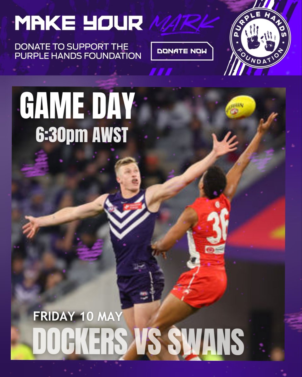 GAME DAY! Friday night under lights for the Purple Hands Foundation ✋️ 💜 ✨️ Weather looks like it may hold up 🤞 #aflfreoswans #letsgo #happyfriday #purplehandsfoundation #ForeverFreo #fridaygame #gamedayishere